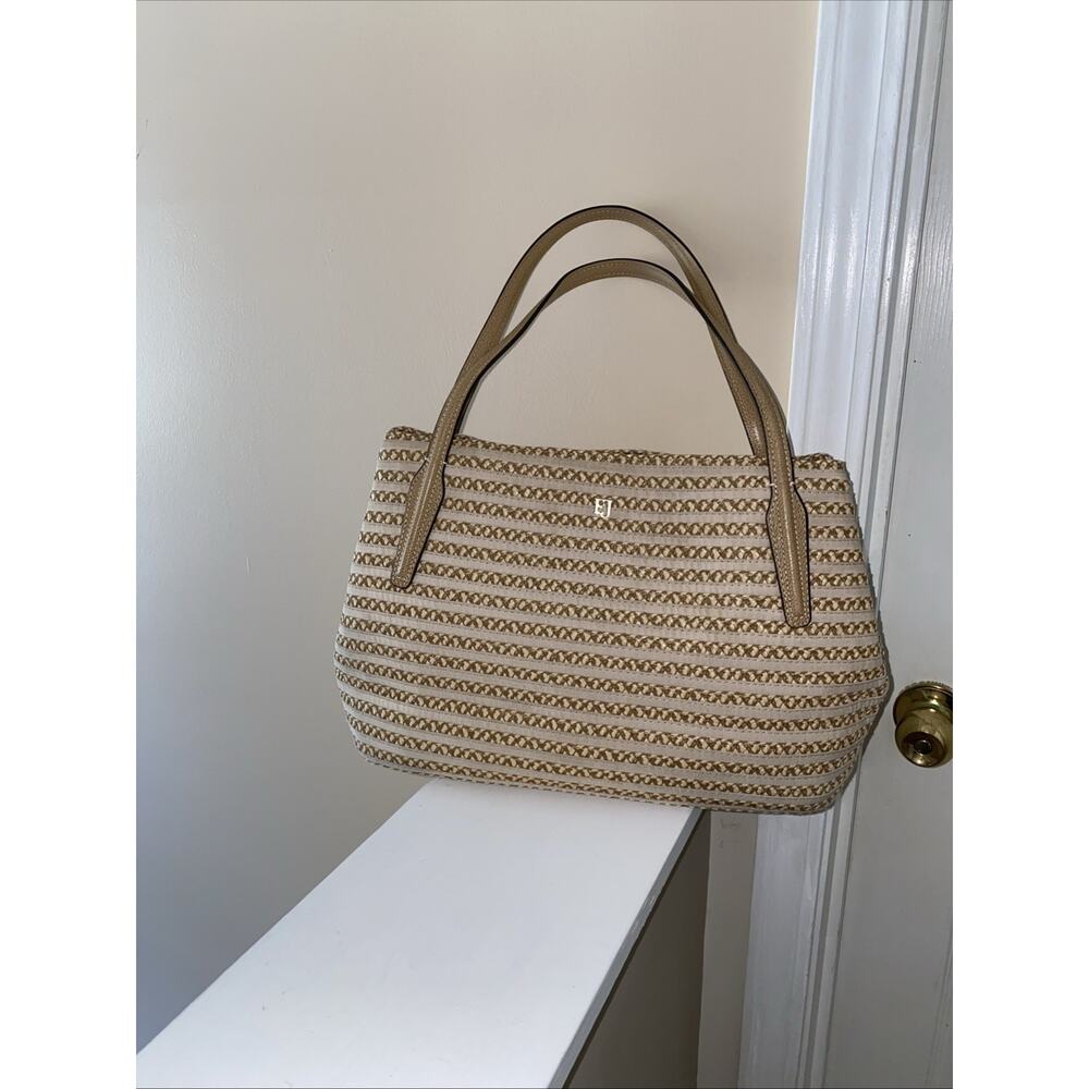 Eric Javits Squishee Beige Metallic Gold Striped Large Woven Straw Shoulder Bag
